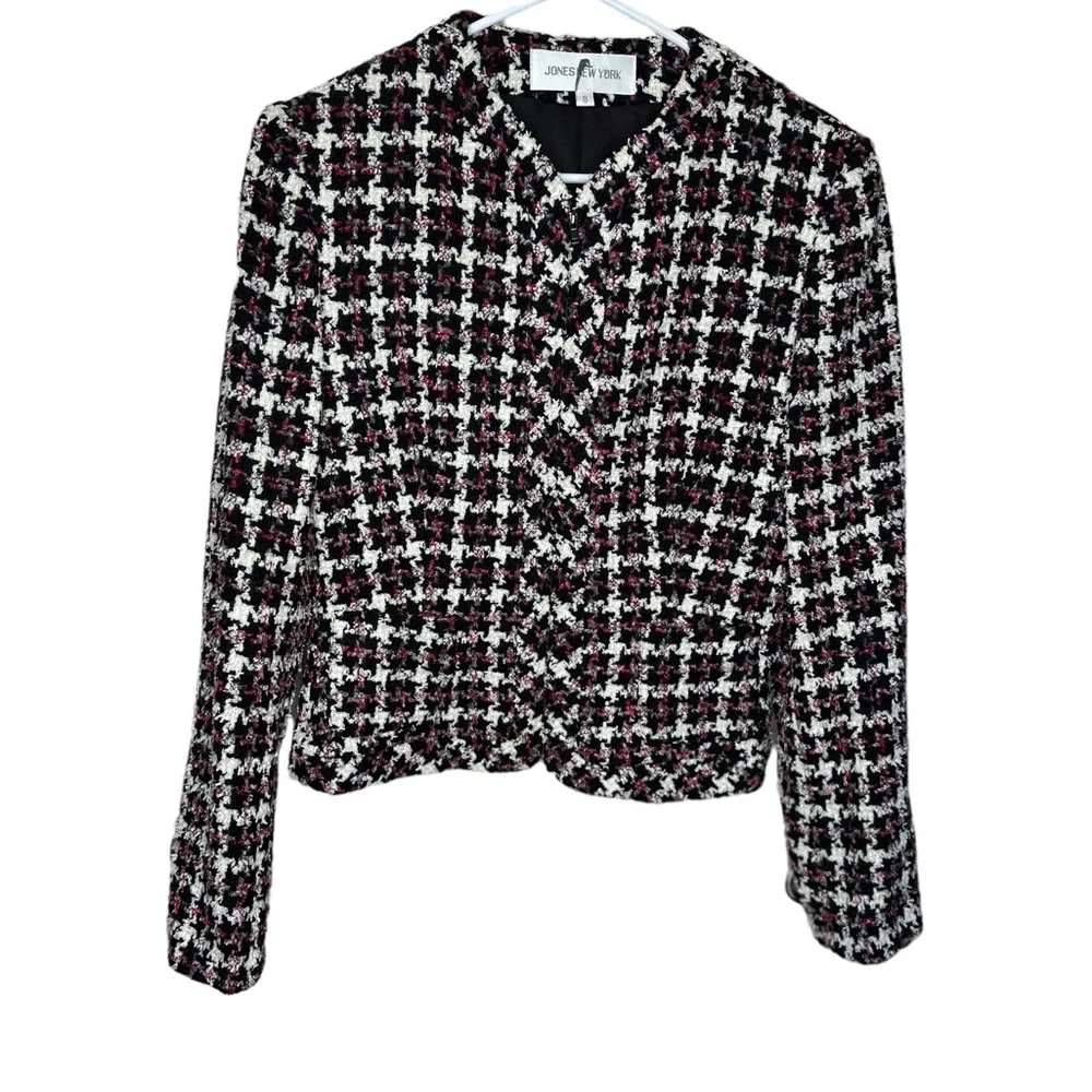 Jones New York red/white/black tweed long sleeve zipper blazer jacket size 8 - Picture 4 of 7